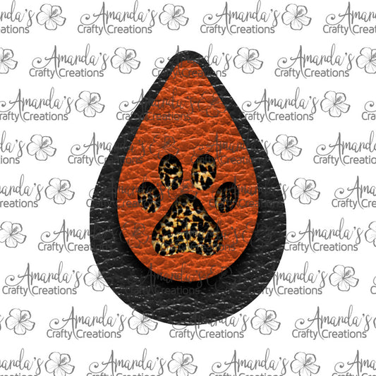 Black Orange Leopard Paw Print Teardrop Earring Sublimation Design, Hand drawn Teardrop Sublimation earring design, digital download, JPG, PNG