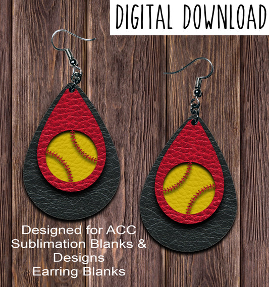 Black Red Softball Cut Out Teardrop Earring Sublimation Design, Hand drawn Teardrop Sublimation earring design, digital download, JPG, PNG
