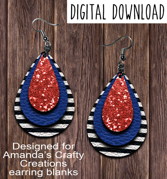 Black Stripe Blue Red Chunk Teardrop Earring Sublimation Design, Hand drawn Teardrop Sublimation earring design, digital download, JPG, PNG
