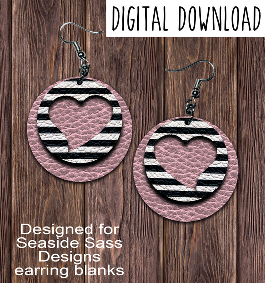 Black Stripe Pink Heart Cut Out Circle Earring Sublimation Design, Hand drawn Circle Sublimation earring design, digital download, JPG, PNG