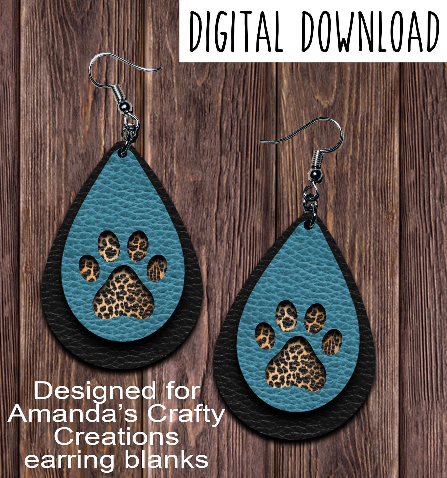 Black Turquoise Leopard Paw Print Teardrop Earring Sublimation Design, Hand drawn Teardrop Sublimation earring design, digital download, JPG, PNG