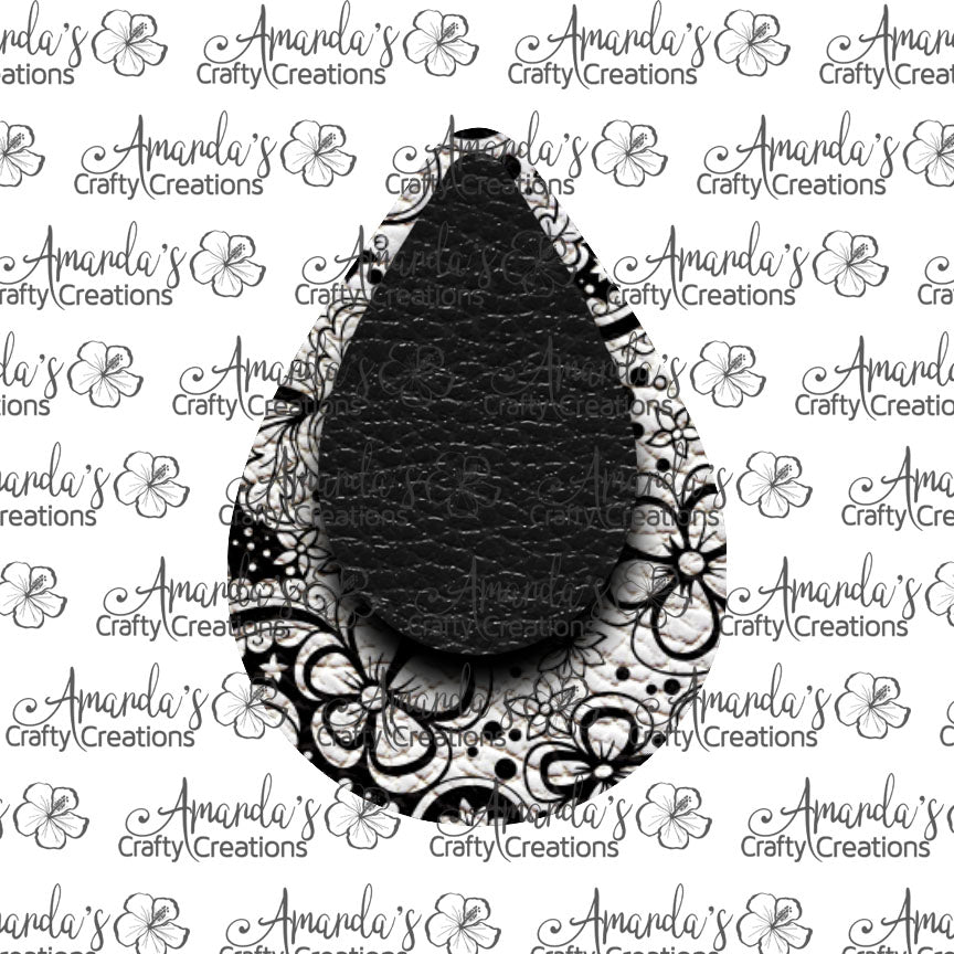 Black White Floral 2 Layer Teardrop Earring Sublimation Design, Hand drawn Teardrop Sublimation earring design, digital download, JPG, PNG