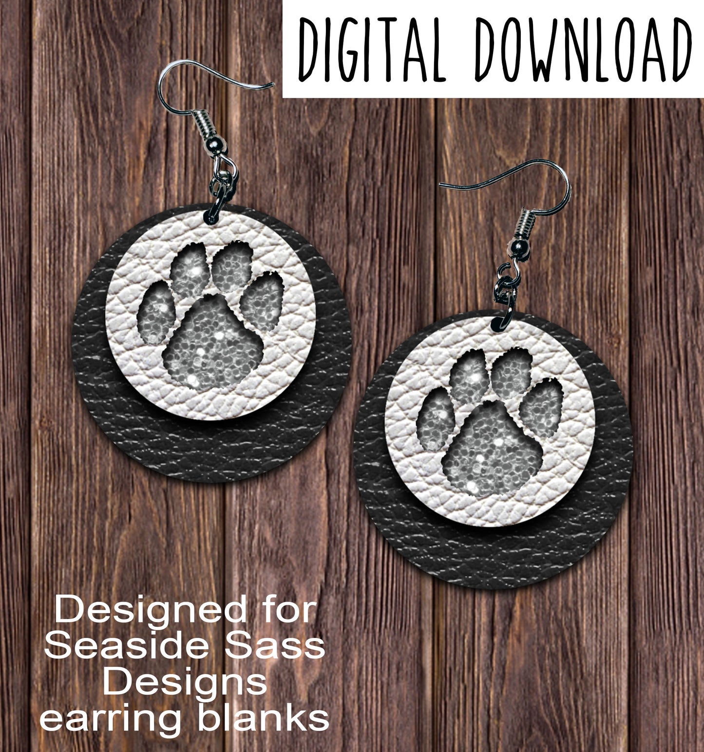 Black White Silver Chunk Paw Print Cut Out Circle Earring Sublimation Design, Hand drawn Circle Sublimation earring design, digital download, JPG, PNG