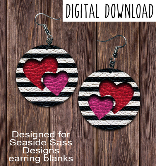 Black White Stripe Double Heart Cut Out Circle Earring Sublimation Design, Hand drawn Circle Sublimation earring design, digital download, JPG, PNG