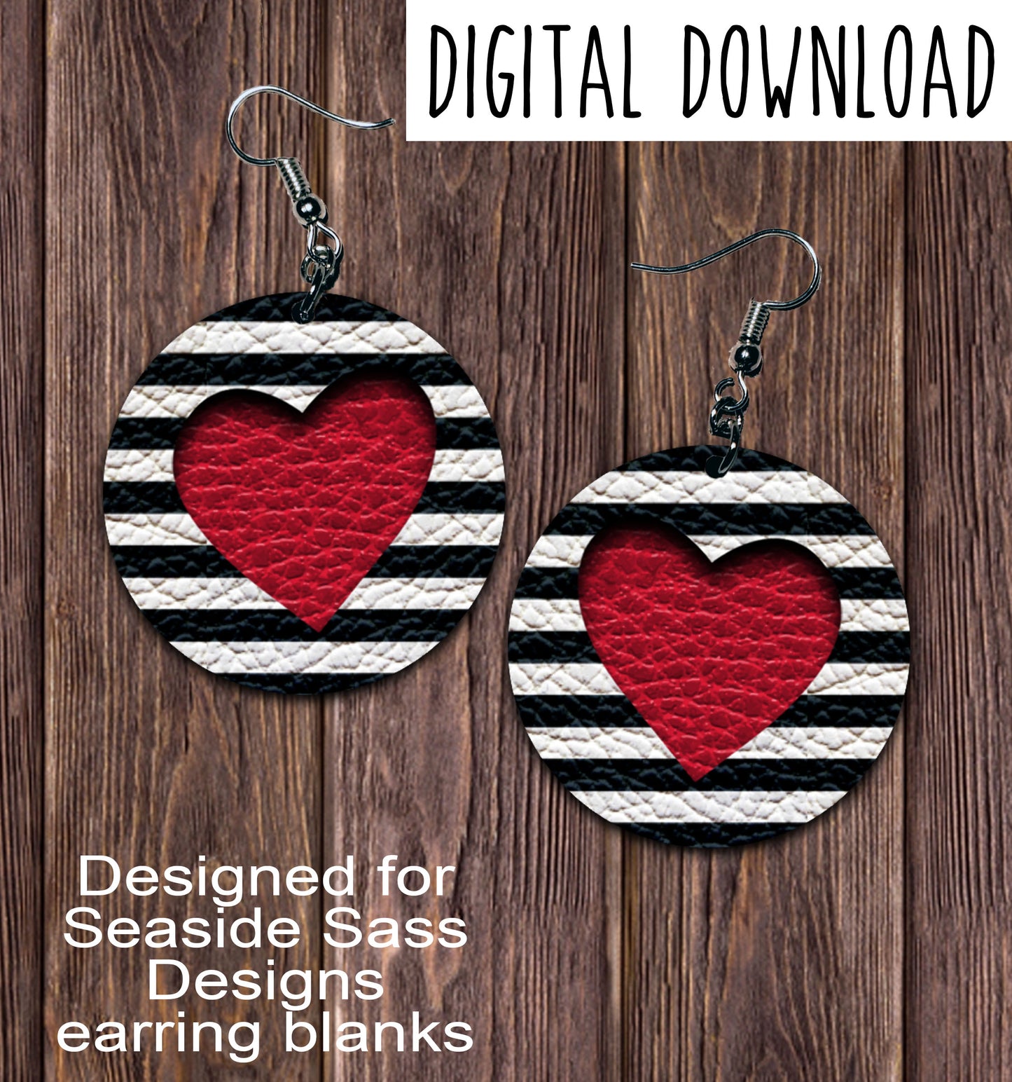 Black White Stripe Red Heart Cut Out Circle Earring Sublimation Design, Hand drawn Circle Sublimation earring design, digital download, JPG, PNG