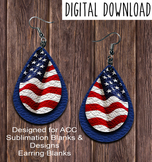 Blue American Flag Teardrop Earring Sublimation Design, Hand drawn Teardrop Sublimation earring design, digital download, JPG, PNG