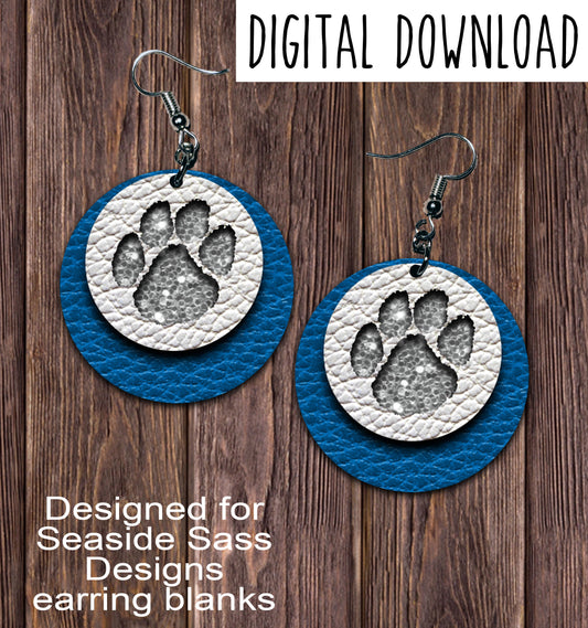 Blue White Silver Chunk Paw Cut Out Circle Earring Sublimation Design, Hand drawn Circle Sublimation earring design, digital download, JPG, PNG