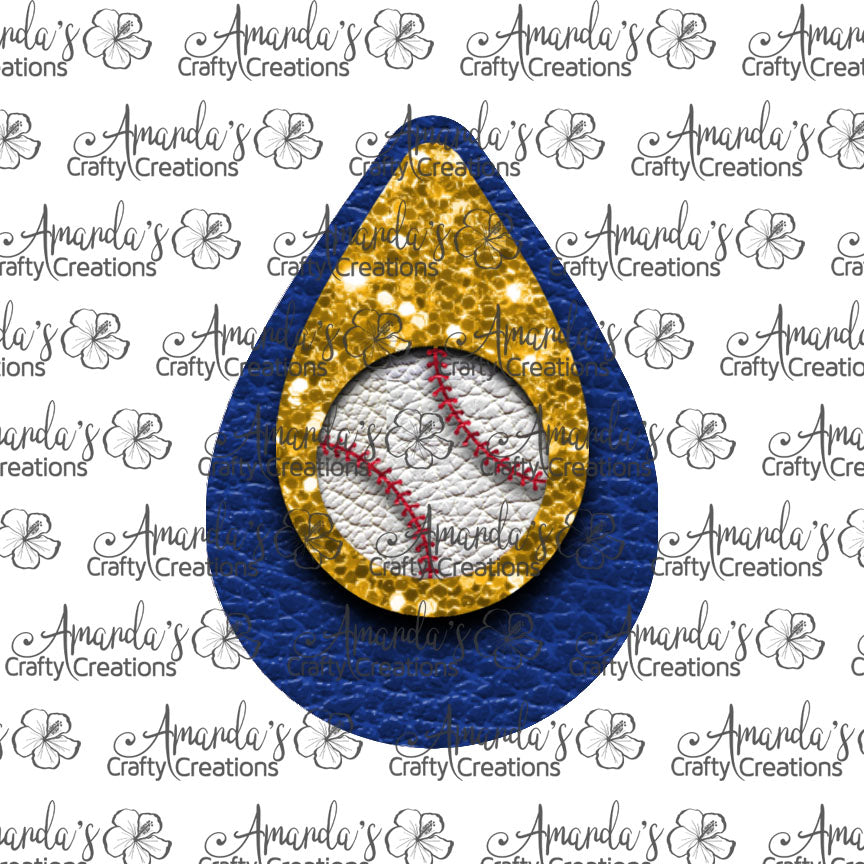 Blue Gold Baseball Cut Out Teardrop Earring Sublimation Design, Hand drawn Teardrop Sublimation earring design, digital download, JPG, PNG\
