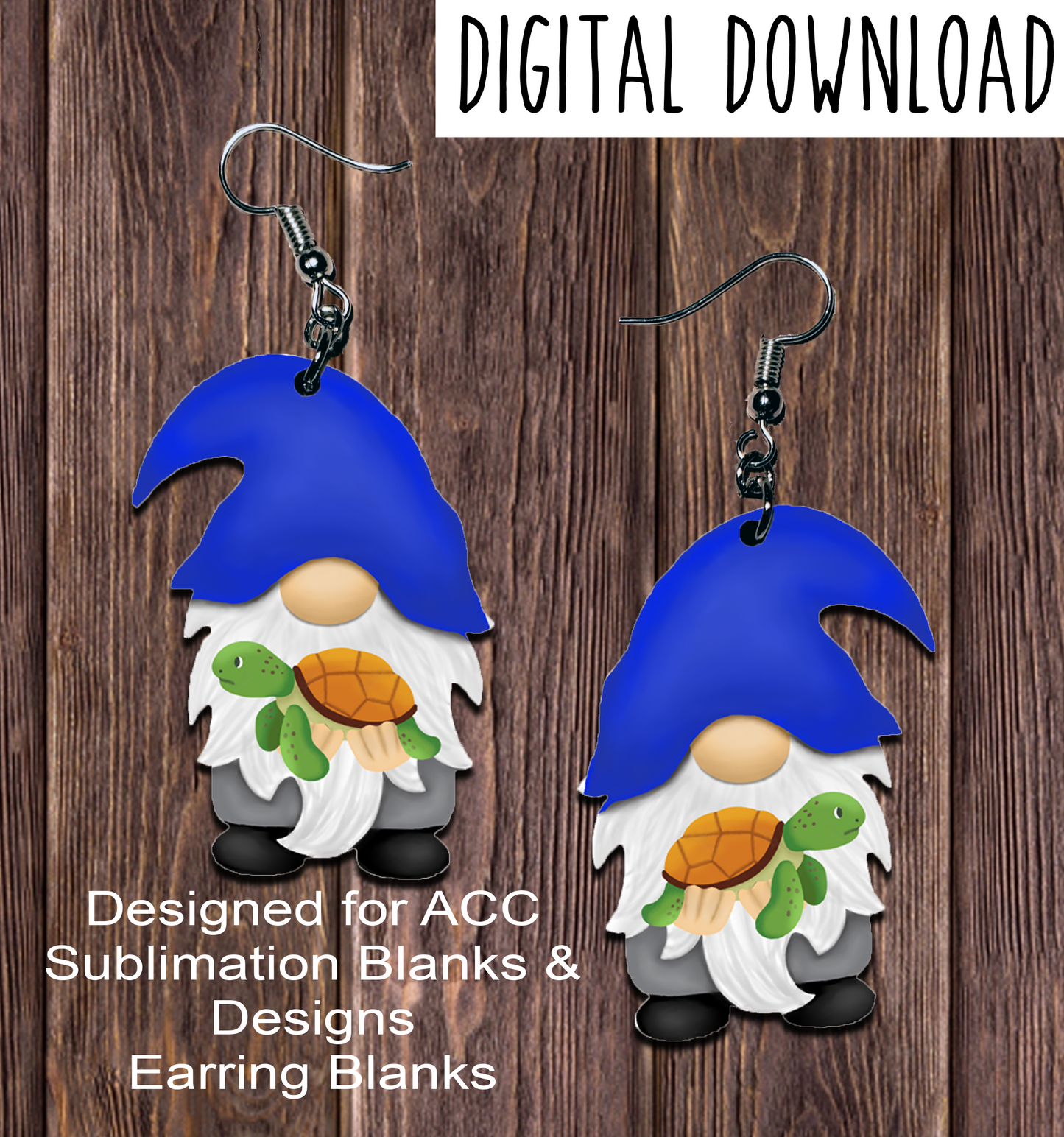 Blue Hat Turtle Gnome Earring Sublimation Design, Hand drawn Gnome Sublimation earring design, digital download, JPG, PNG