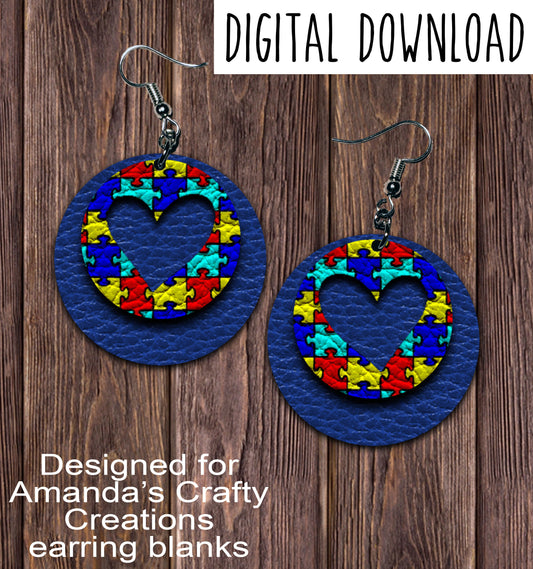Blue Autism Puzzle Heart Cut Out Circle Earring Sublimation Design, Hand drawn Circle Sublimation earring design, digital download, JPG, PNG