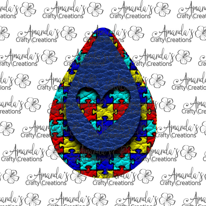 Blue Autism Puzzle Heart Cut Out Teardrop Earring Sublimation Design, Hand drawn Teardrop Sublimation earring design, digital download, JPG, PNG\