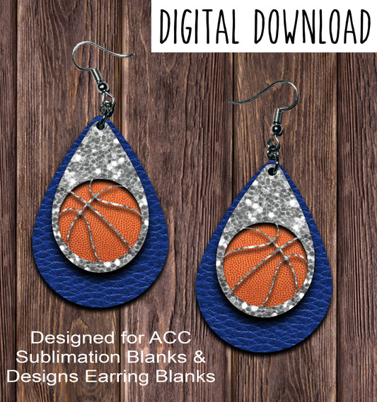 Blue Silver Basketball Cut Out Teardrop Earring Sublimation Design, Hand drawn Teardrop Sublimation earring design, digital download, JPG, PNG\