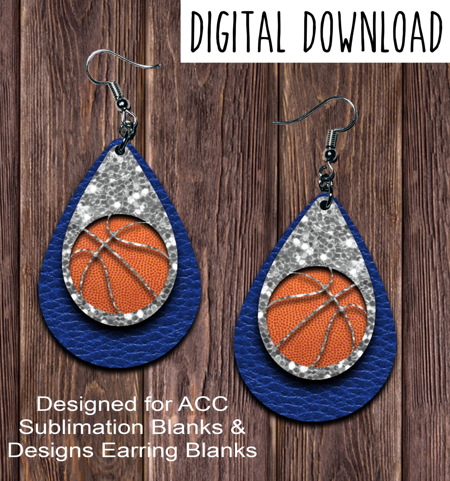 Blue Silver Basketball Cut Out Teardrop Earring Sublimation Design, Hand drawn Teardrop Sublimation earring design, digital download, JPG, PNG