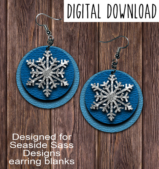 Blue Snowflake Circle Earring Sublimation Design, Hand drawn Circle Sublimation earring design, digital download, JPG, PNG