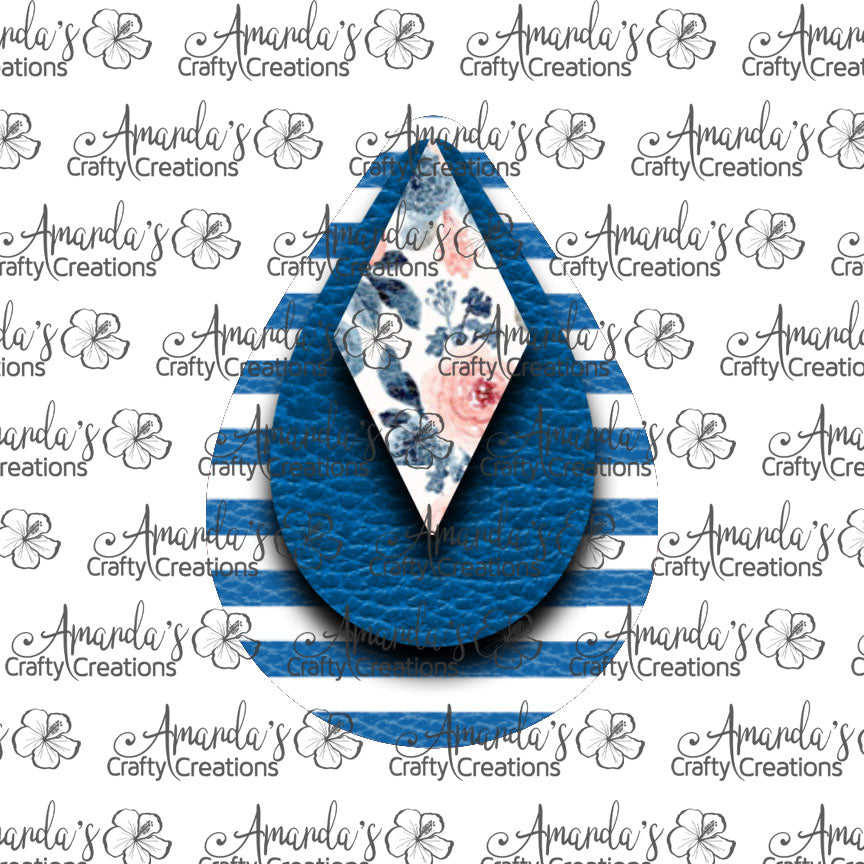 Blue Stripe Floral Teardrop Earring Sublimation Design, Hand drawn Teardrop Sublimation earring design, digital download, JPG, PNG