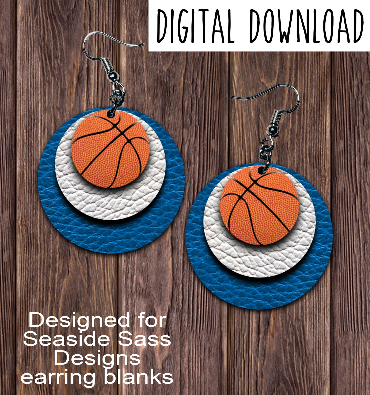 Blue White Basketball Circle Earring Sublimation Design, Hand drawn Circle Sublimation earring design, digital download, JPG, PNG