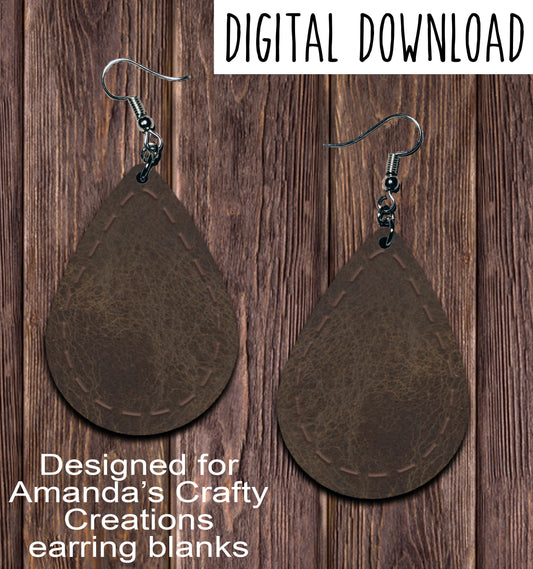 Brown Leather Stitched Teardrop Earring Sublimation Design, Hand drawn Teardrop Sublimation earring design, digital download, JPG, PNG