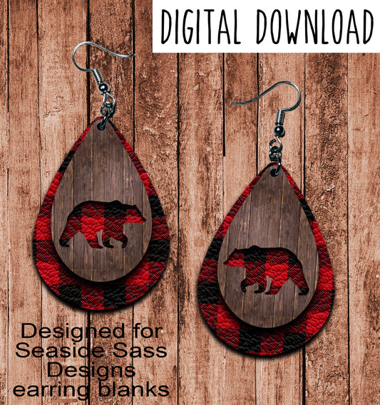 Buffalo Plaid Bear Cut Out Teardrop Earring Sublimation Design, Hand drawn Teardrop Sublimation earring design, digital download, JPG, PNG