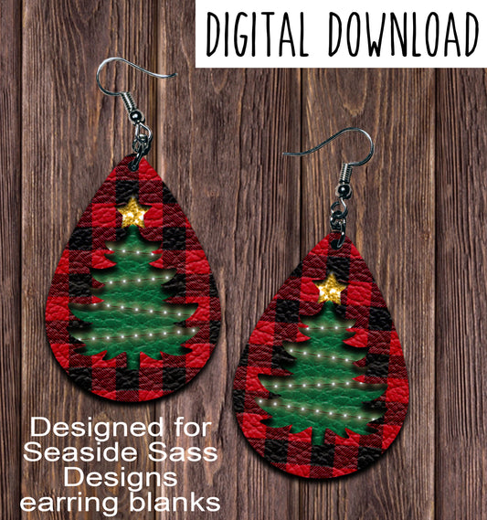 Buffalo Plaid Christmas Tree Teardrop Earring Sublimation Design, Hand drawn Teardrop Sublimation earring design, digital download, JPG, PNG