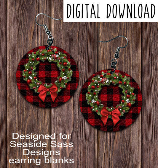 Buffalo Plaid Wreath Circle Earring Sublimation Design, Hand drawn Circle Sublimation earring design, digital download, JPG, PNG