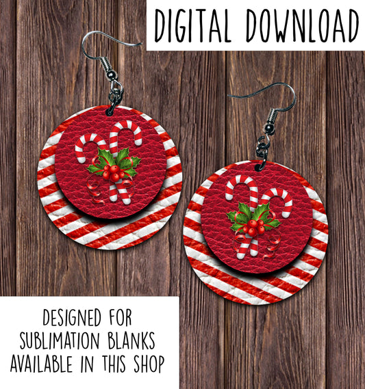 Candy Cane Circle Earring Sublimation Design, Hand drawn Circle Sublimation earring design, digital download, JPG, PNG