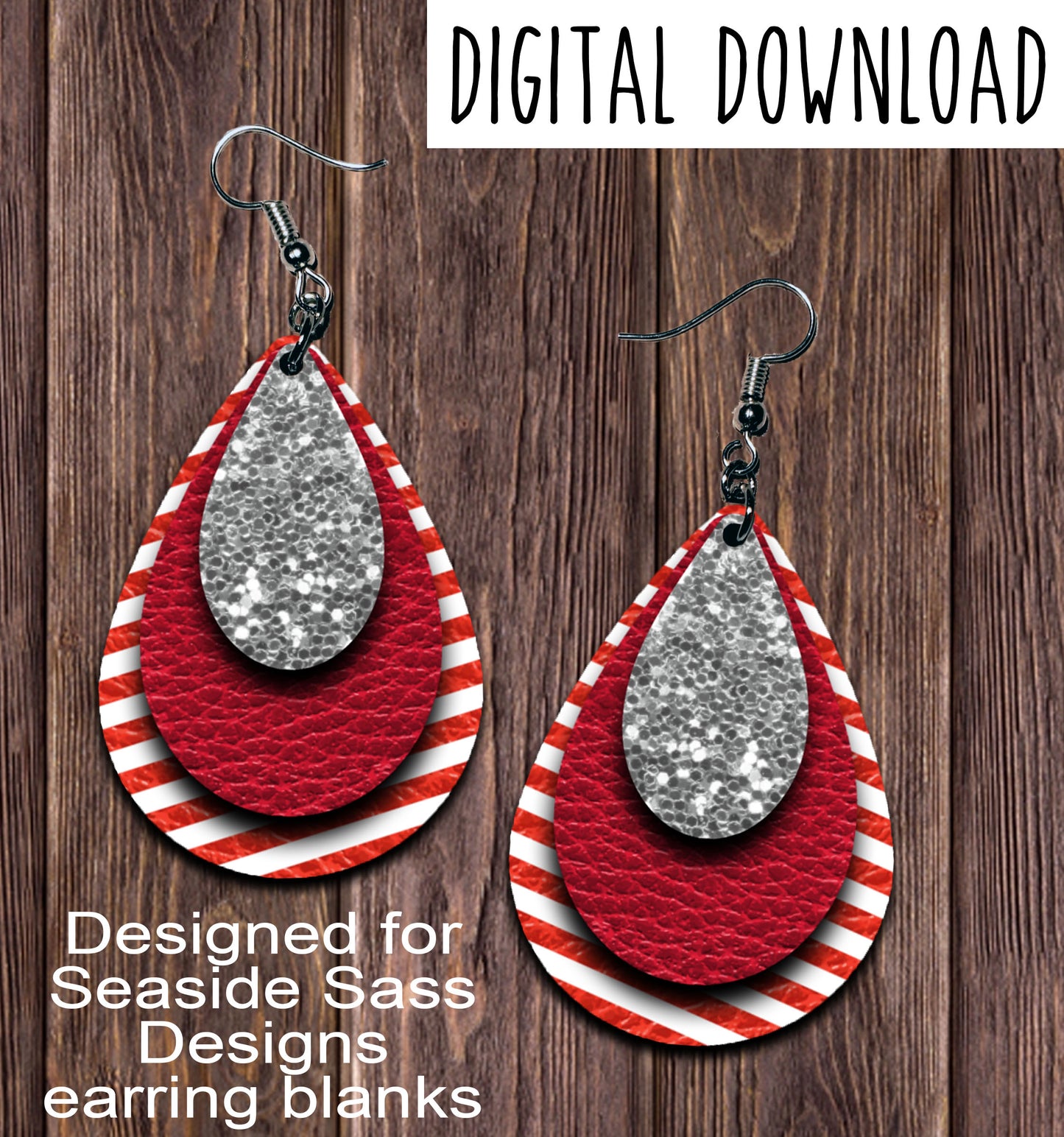 Candy Cane Silver Glitter Teardrop Earring Sublimation Design, Hand drawn Teardrop Sublimation earring design, digital download, JPG, PNG