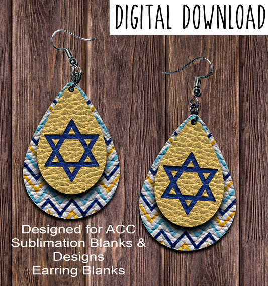 Chevron Star of David Teardrop Earring Sublimation Design, Hand drawn Teardrop Sublimation earring design, digital download, JPG, PNG