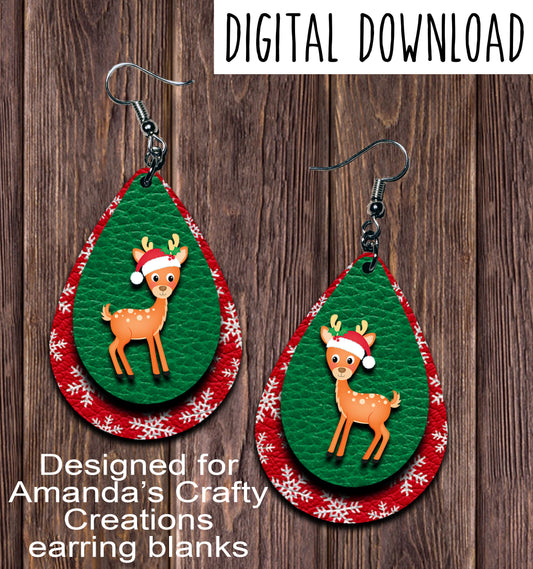 Christmas Deer Teardrop Earring Sublimation Design, Hand drawn Teardrop Sublimation earring design, digital download, JPG, PNG