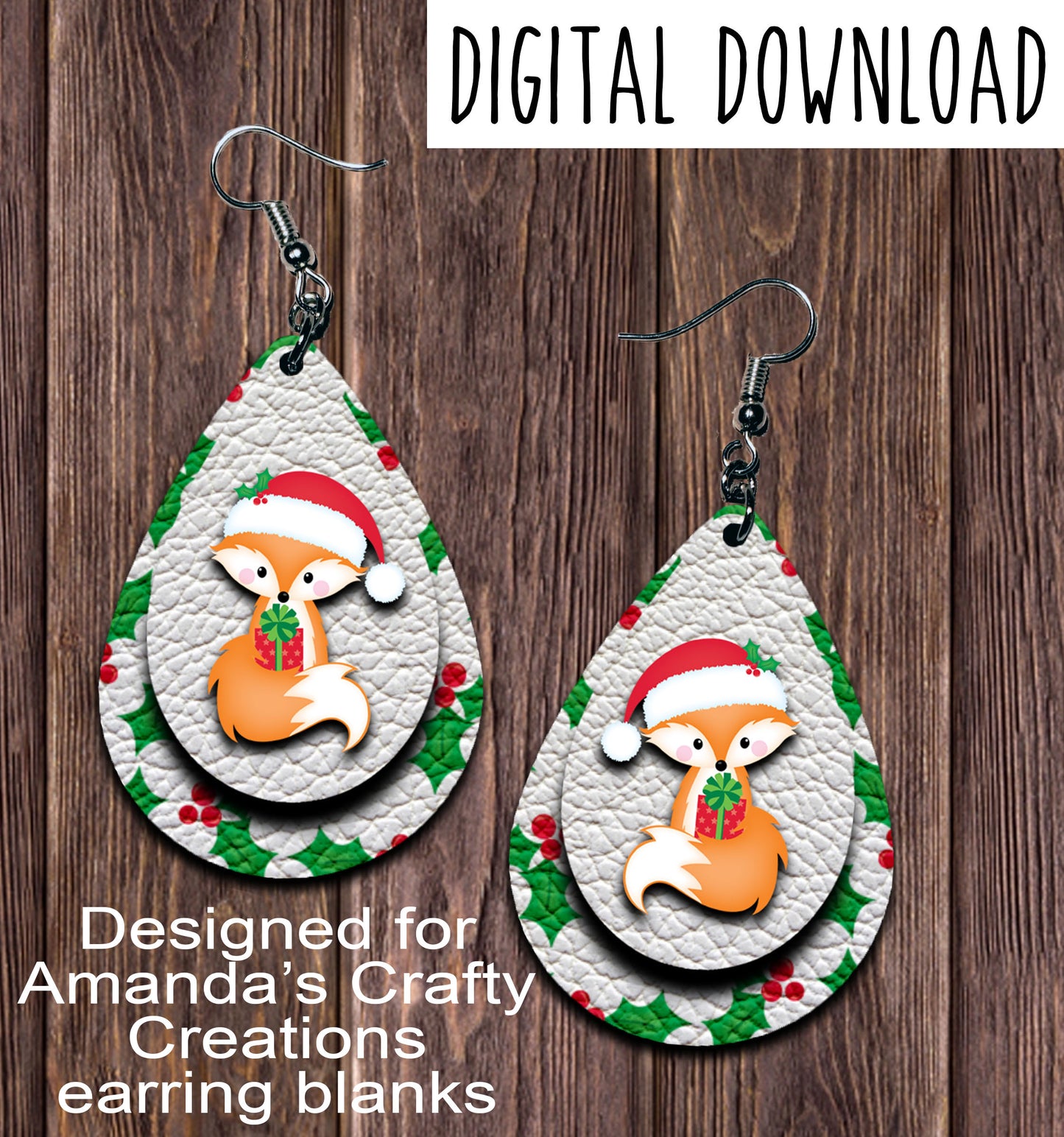Christmas Fox Teardrop Earring Sublimation Design, Hand drawn Teardrop Sublimation earring design, digital download, JPG, PNG