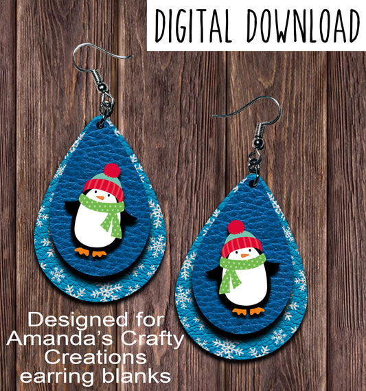 Christmas Penguin Teardrop Earring Sublimation Design, Hand drawn Teardrop Sublimation earring design, digital download, JPG, PNG
