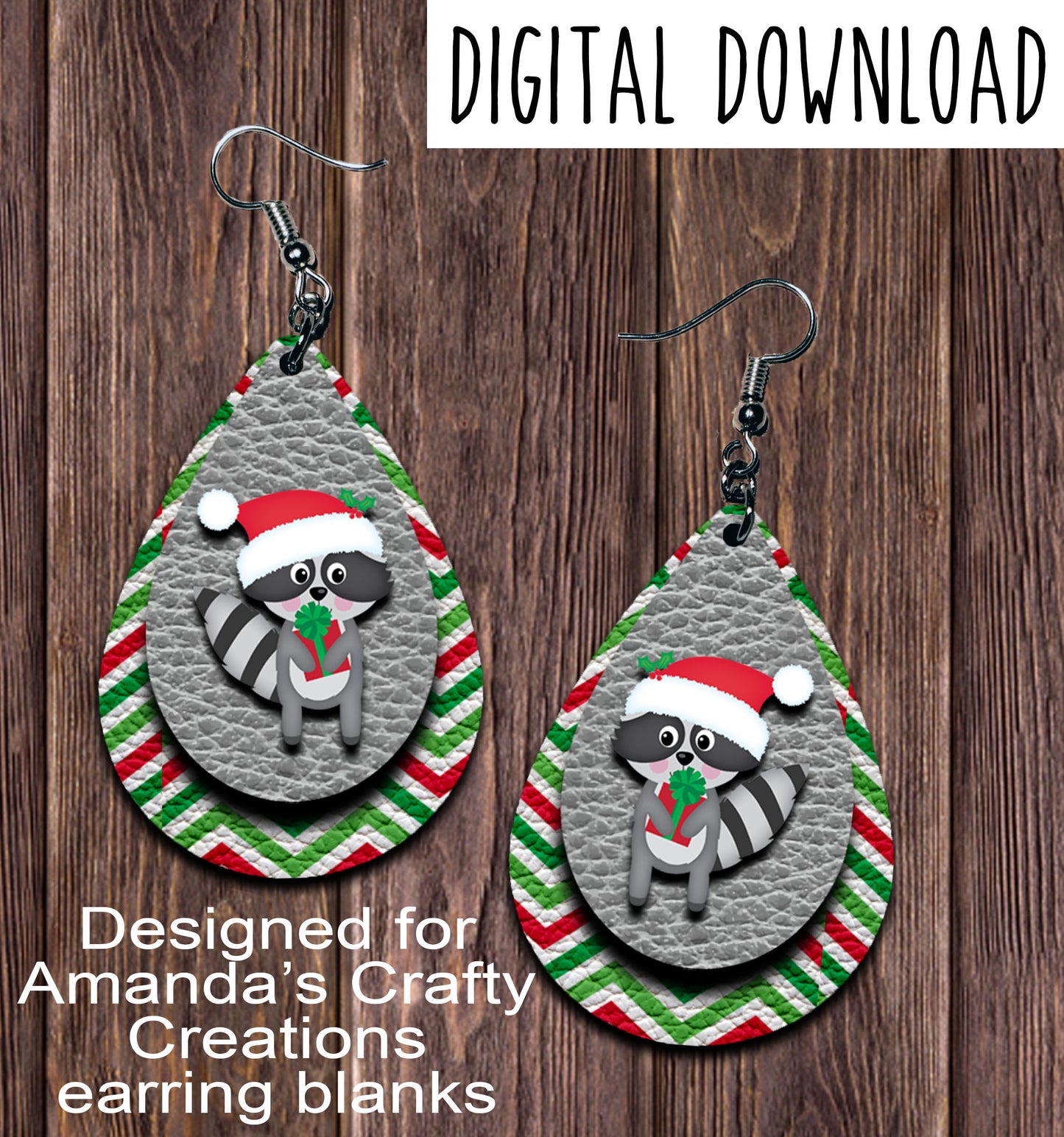 Christmas Racoon Teardrop Earring Sublimation Design, Hand drawn Teardrop Sublimation earring design, digital download, JPG, PNG
