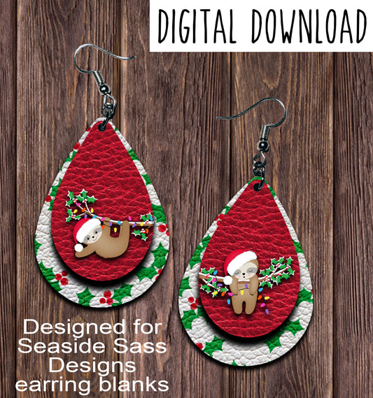 Christmas Sloth Teardrop Earring Sublimation Design, Hand drawn Teardrop Sublimation earring design, digital download, JPG, PNG