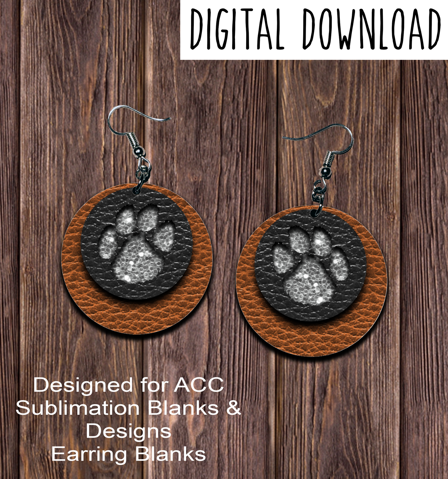 Copper Black Silver Chunk Paw Print Circle Earring Sublimation Design, Hand drawn Circle Sublimation earring design, digital download, JPG, PNG