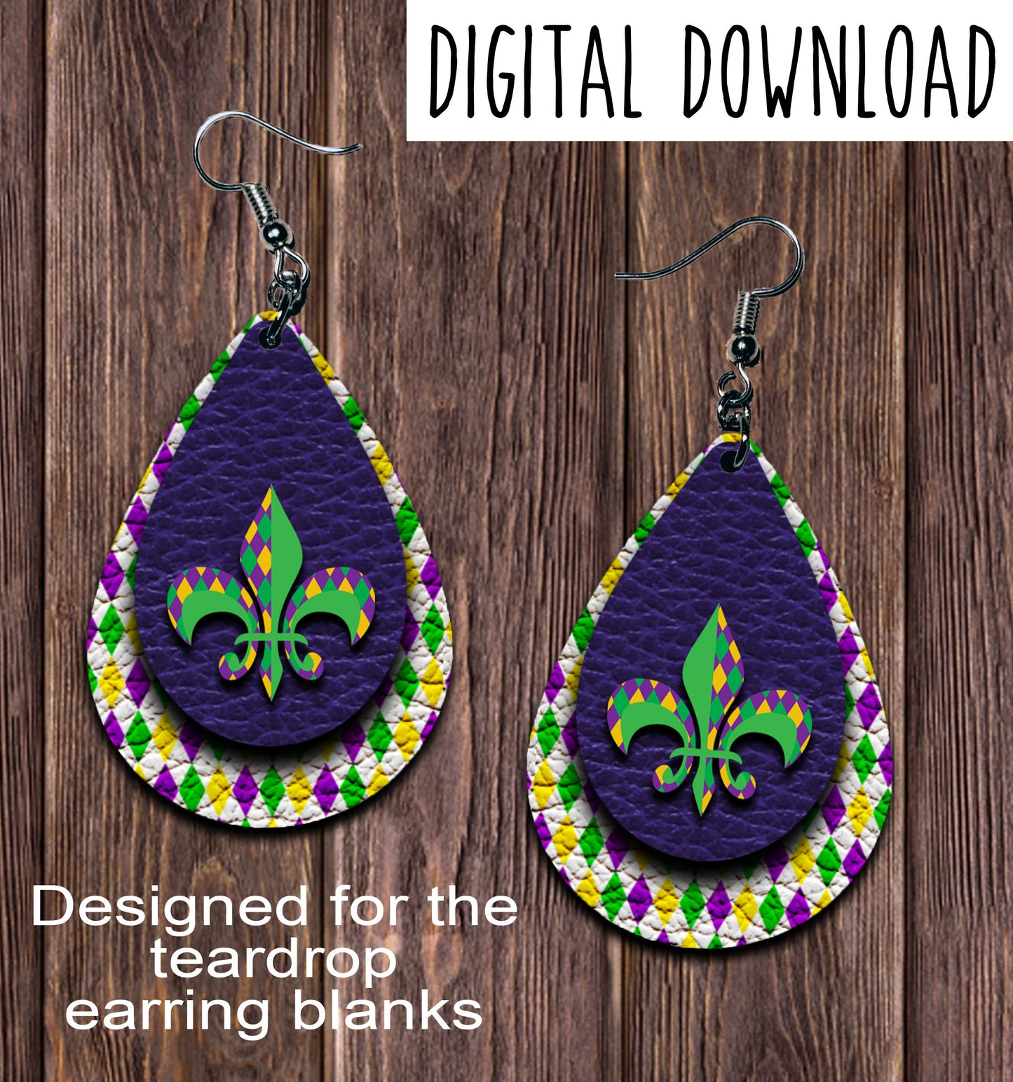 Dark Purple Mardi Gras fleur de lis Teardrop Earring Sublimation Design, Hand drawn Teardrop Sublimation earring design, digital download, JPG, PNG
