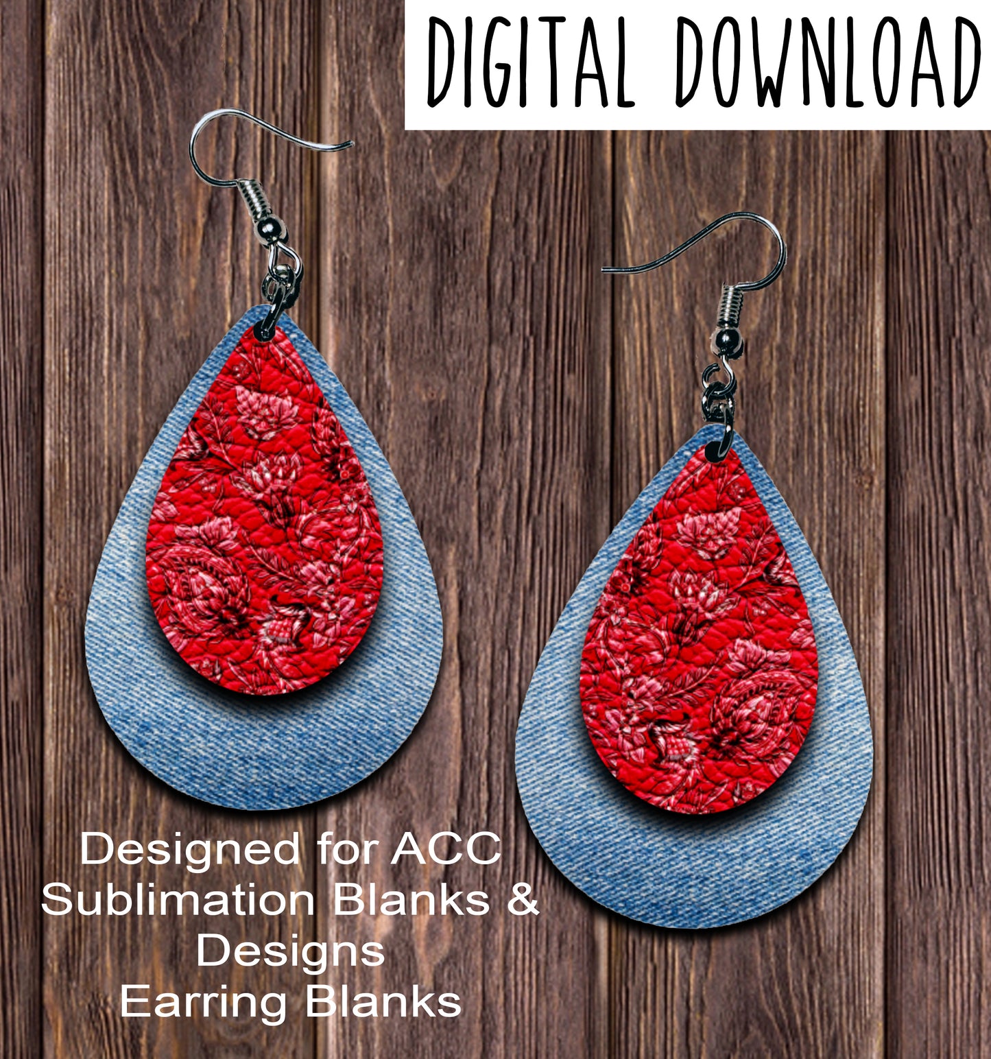 Denim Red Paisley Teardrop Earring Sublimation Design, Hand drawn Teardrop Sublimation earring design, digital download, JPG, PNG
