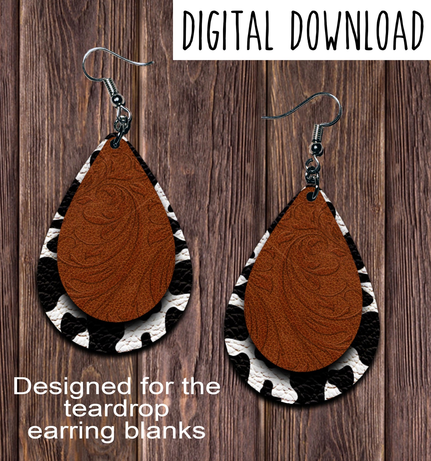 Brown Leather Embossed Cow Print Teardrop Earring Sublimation Design, Hand drawn Teardrop Sublimation earring design, digital download, JPG, PNG