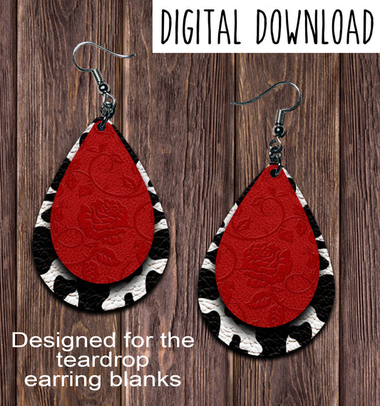 Red Leather Embossed Cow Print Teardrop Earring Sublimation Design, Hand drawn Teardrop Sublimation earring design, digital download, JPG, PNG