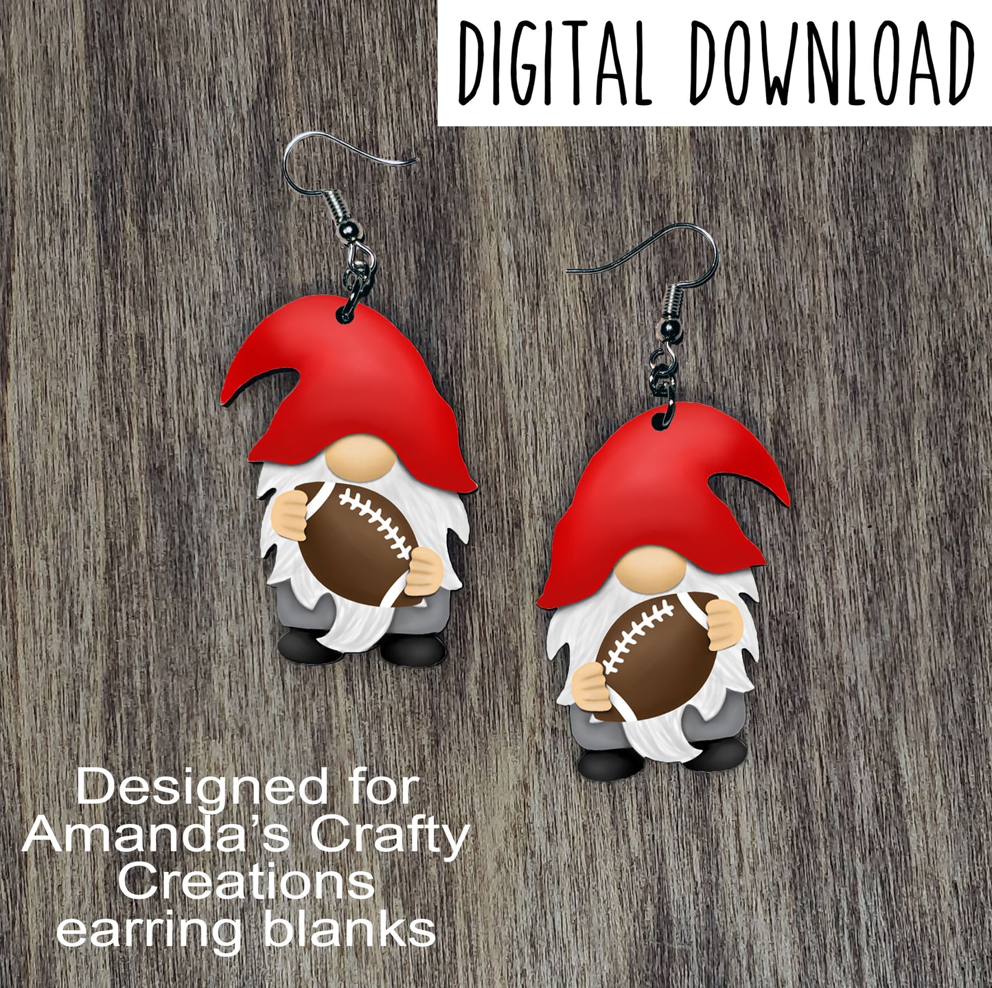 Football Gnome with Red Hat Earring Sublimation Design, Hand drawn Gnome Sublimation earring design, digital download, JPG, PNG