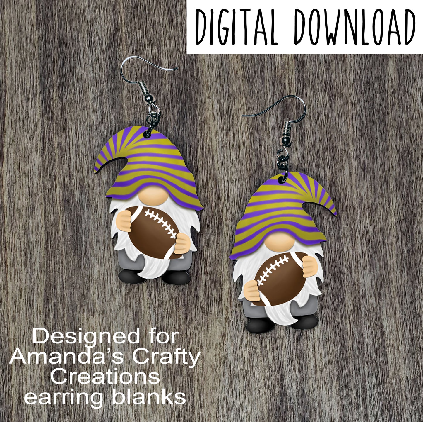 Football Gnome with Purple and Yellow Hat Earring Sublimation Design, Hand drawn Gnome Sublimation earring design, digital download, JPG, PNG