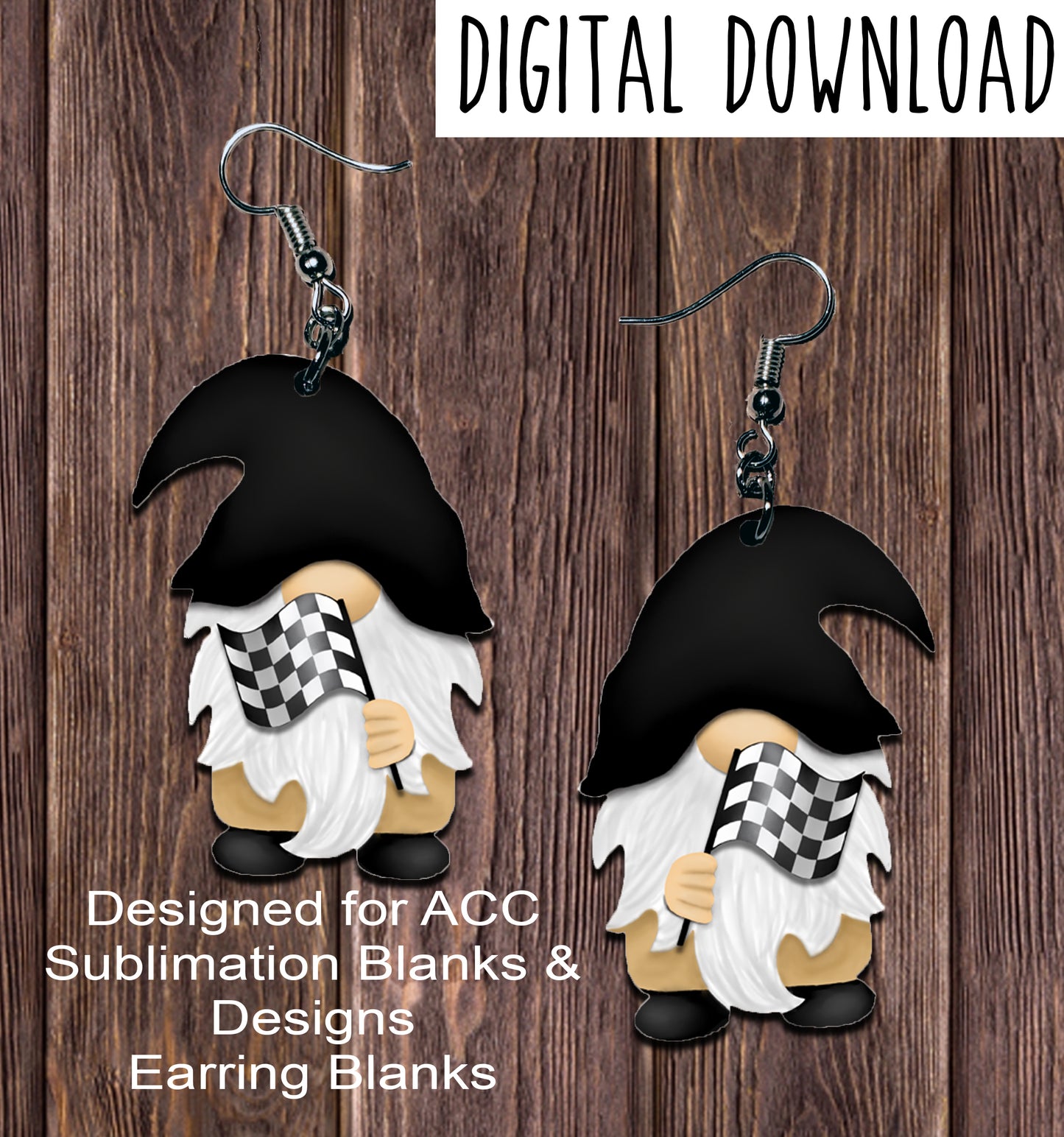Checkered Flag Gnome with Black Hat Earring Sublimation Design, Hand drawn Gnome Sublimation earring design, digital download, JPG, PNG