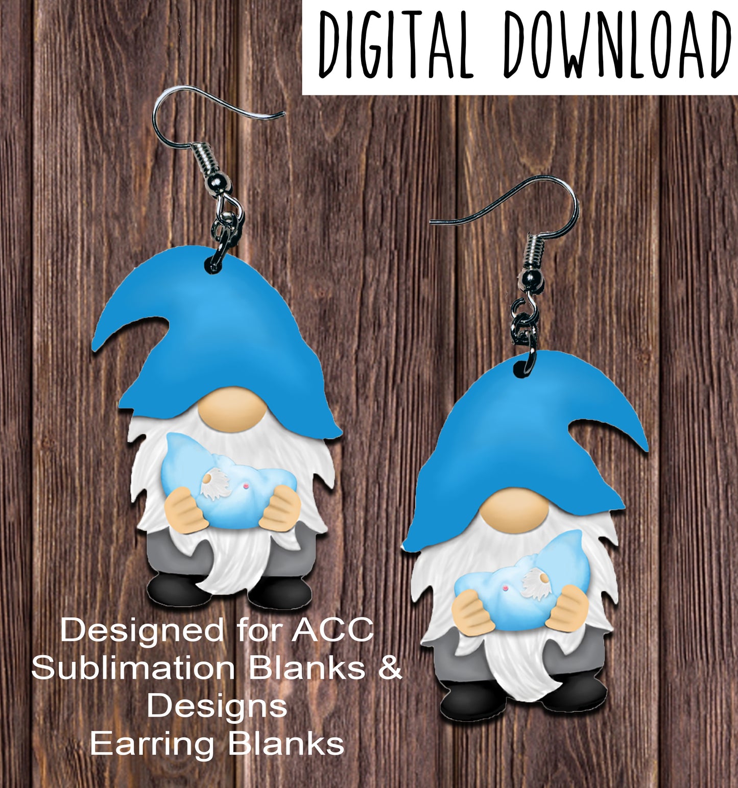 Blue Hat Gnome Holding Baby Gnome Earring Sublimation Design, Hand drawn Gnome Sublimation earring design, digital download, JPG, PNG