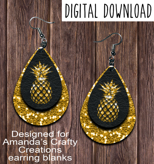 Gold Chunk Pineapple Black Teardrop Earring Sublimation Design, Hand drawn Teardrop Sublimation earring design, digital download, JPG, PNG