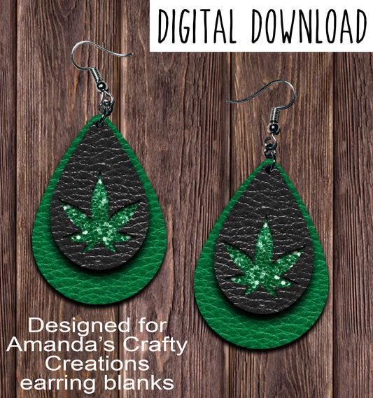 Green Chunk Black Marijuana Leaf Teardrop Earring Sublimation Design, Hand drawn Teardrop Sublimation earring design, digital download, JPG, PNG