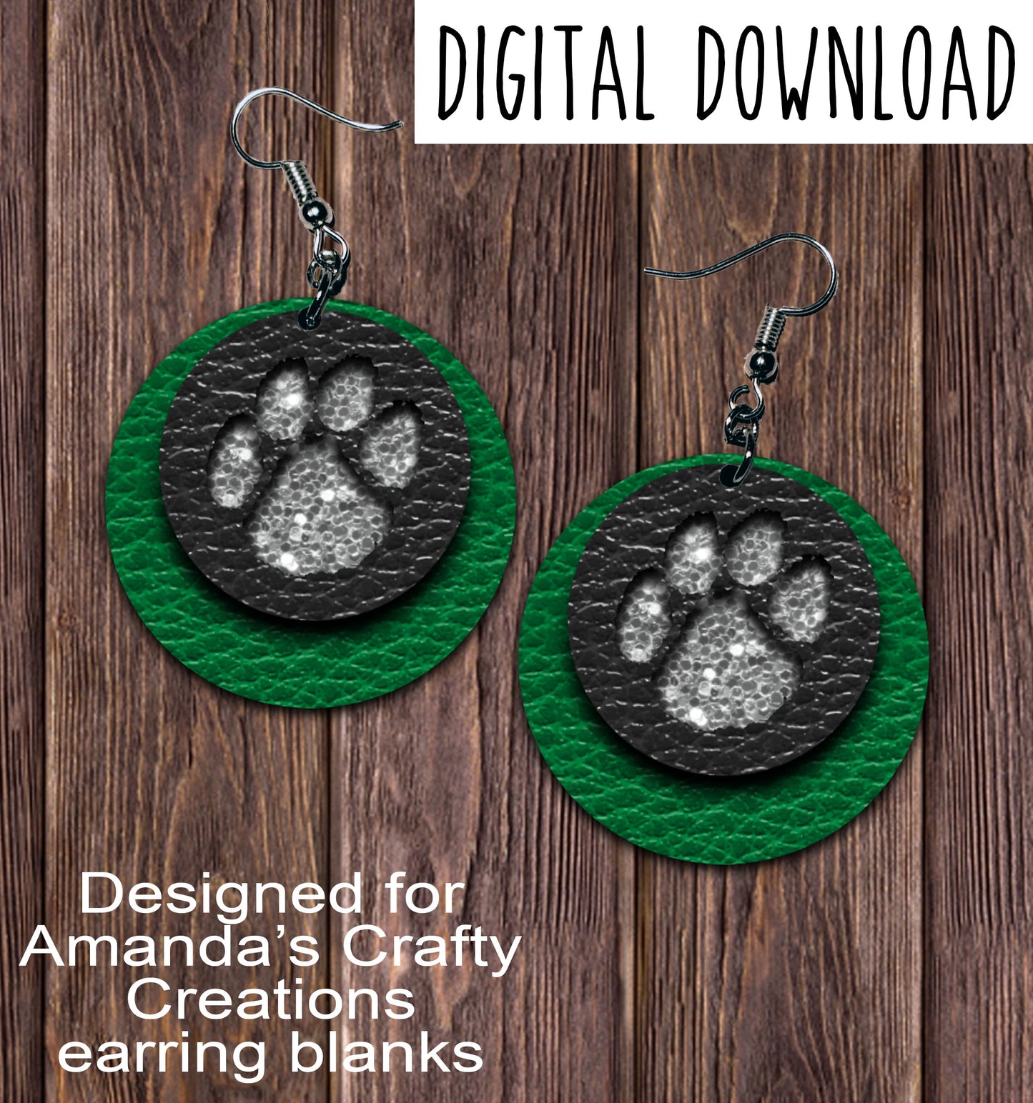 Green Black Silver Chunk Paw Print Circle Earring Sublimation Design, Hand drawn Circle Sublimation earring design, digital download, JPG, PNG