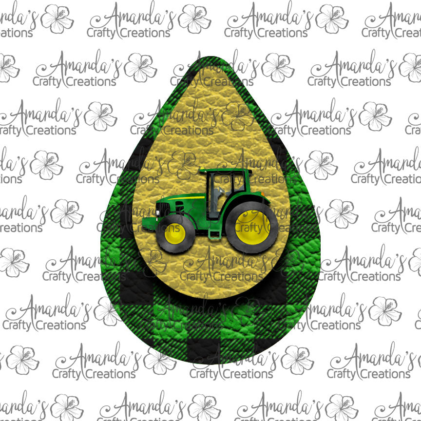 Green Buffalo Plaid Yellow Tractor Teardrop Earring Sublimation Design, Hand drawn Teardrop Sublimation earring design, digital download, JPG, PNG