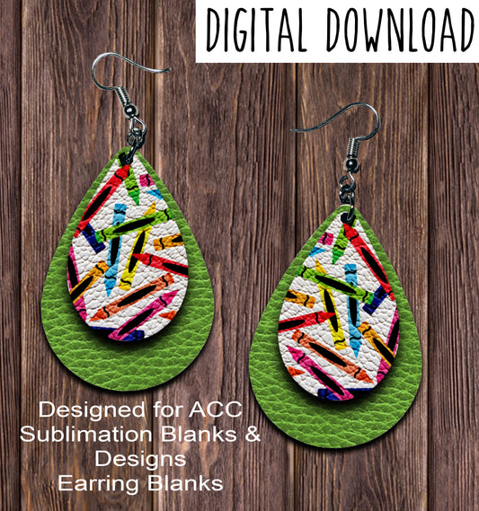 Green Crayon Teardrop Earring Sublimation Design, Hand drawn Teardrop Sublimation earring design, digital download, JPG, PNG