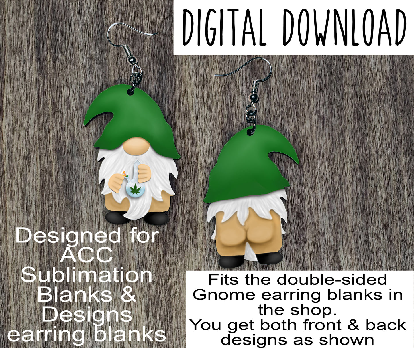 Double Sided Naked Gnome with Water Pipe Sublimation Design, Cannabis naked gnome design, Hand drawn Gnome Sublimation earring design, digital download, JPG, PNG