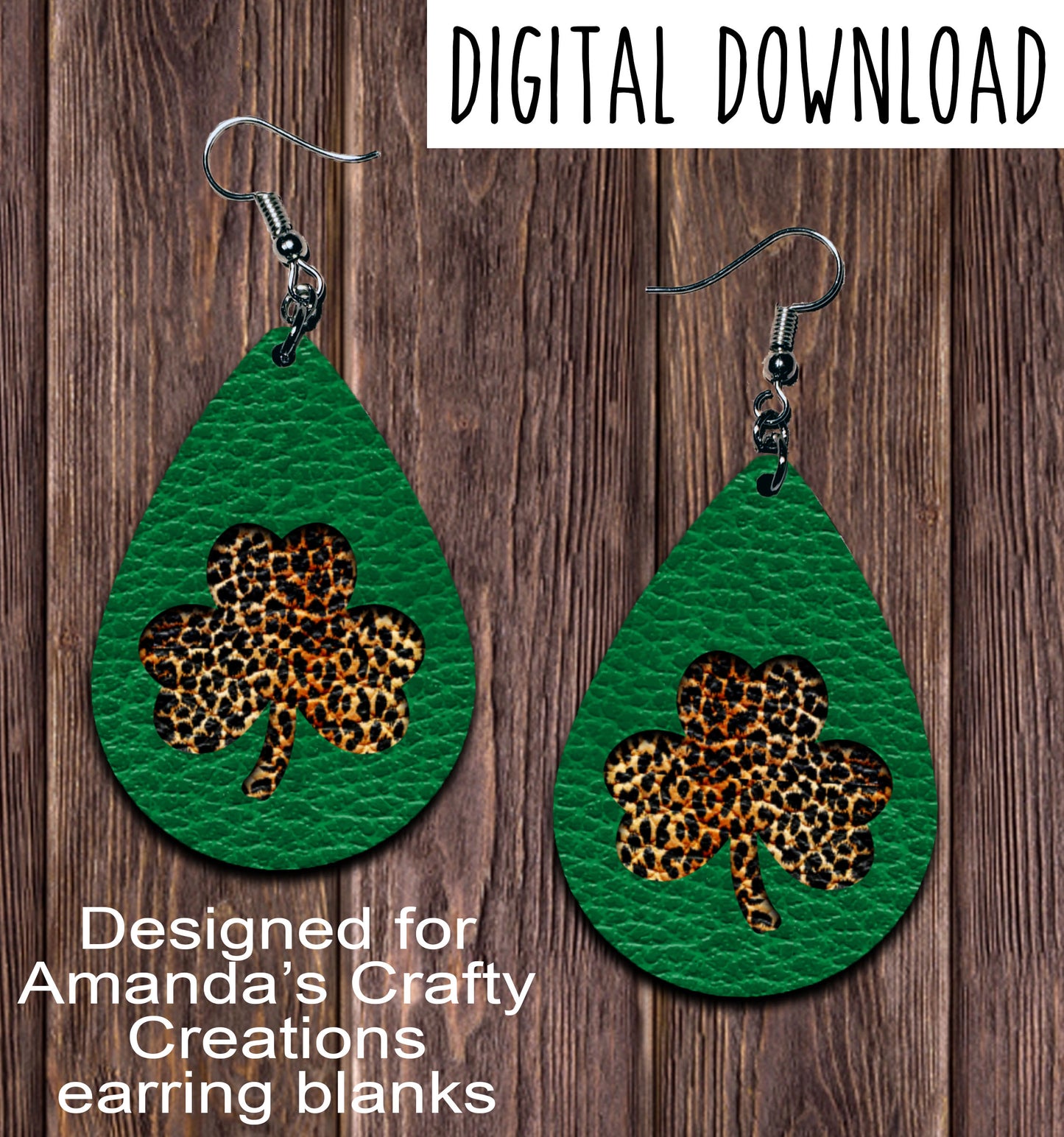 Green Leopard Shamrock Cut Out Teardrop Earring Sublimation Design, Hand drawn Teardrop Sublimation earring design, digital download, JPG, PNG