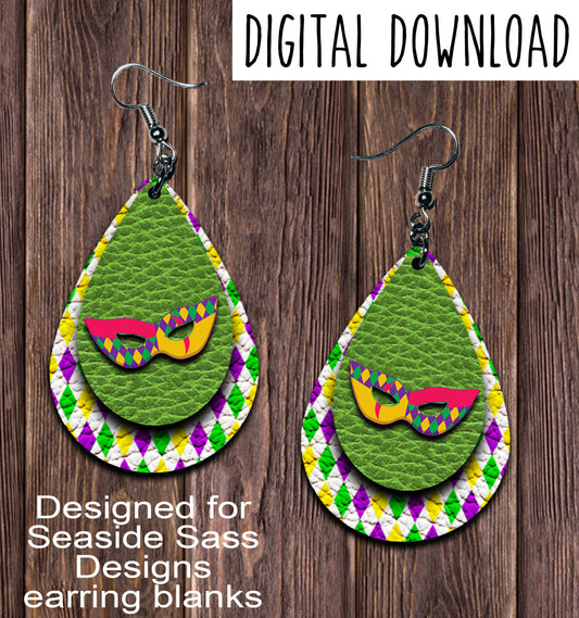 Green Mardi Gras Mask Teardrop Earring Sublimation Design, Hand drawn Teardrop Sublimation earring design, digital download, JPG, PNG