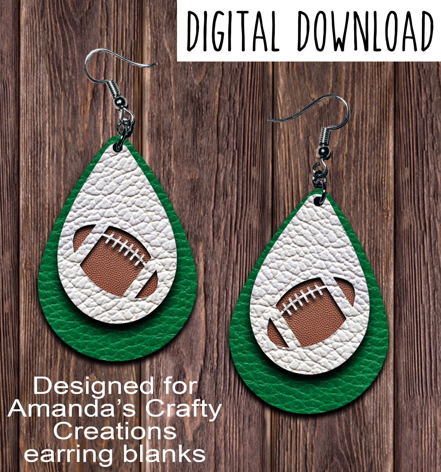 Green White Football Cut Out Teardrop Earring Sublimation Design, Hand drawn Teardrop Sublimation earring design, digital download, JPG, PNG